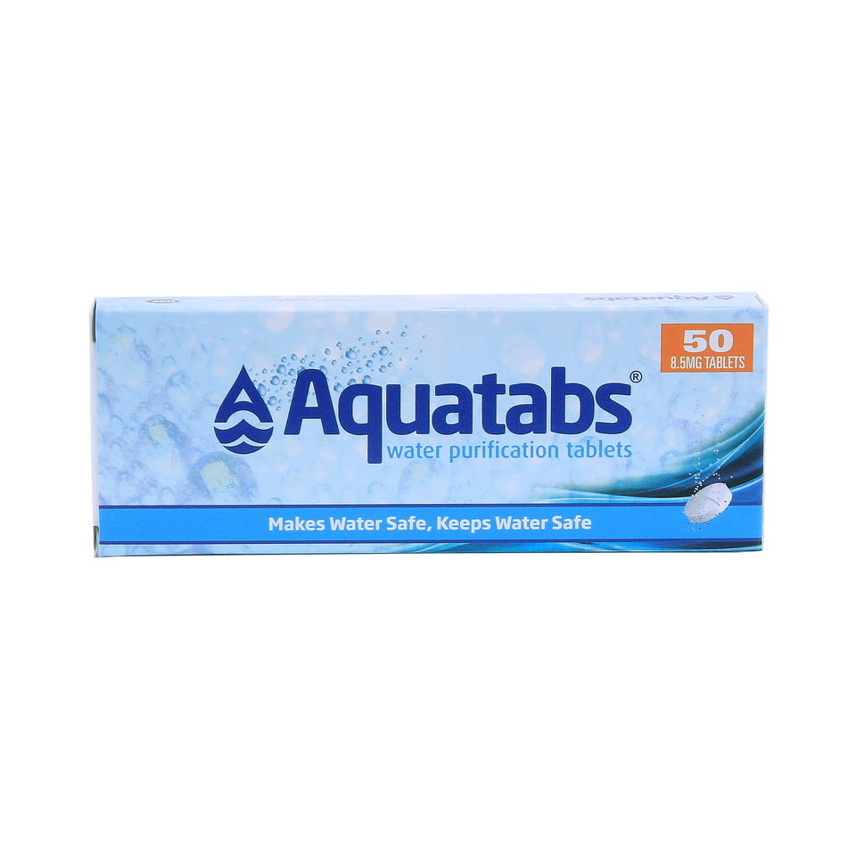 Box of Aquatabs water purification tablets on a white background