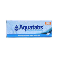 Box of Aquatabs water purification tablets on a white background
