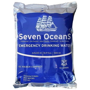 Seven Oceans emergency drinking water package on a white background