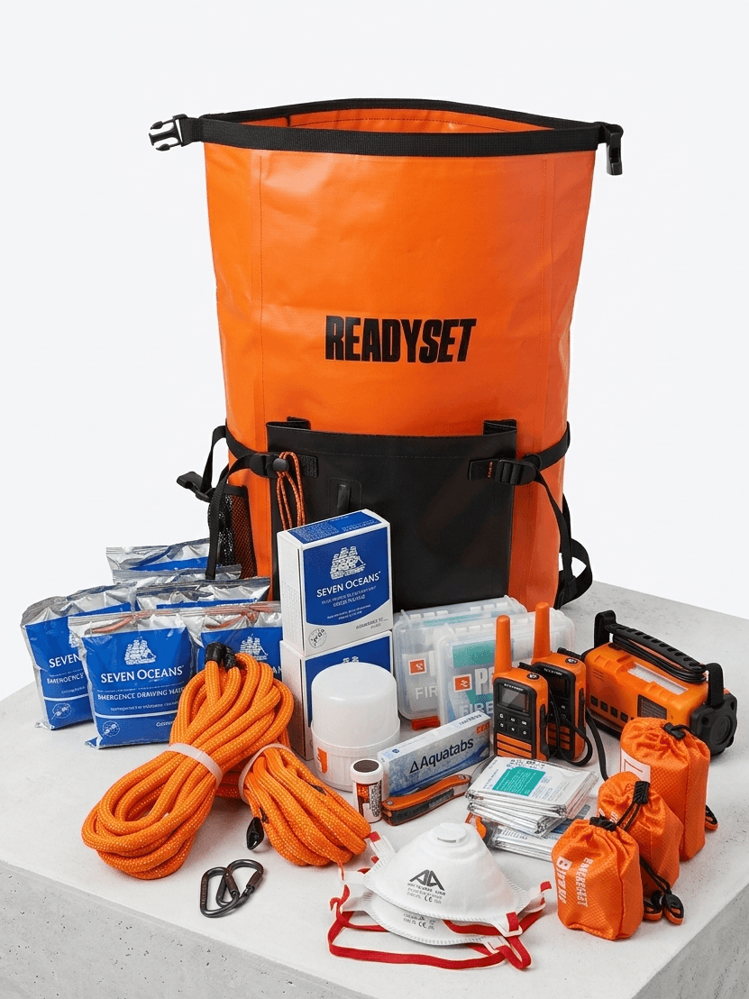 Orange 'READYSET' bag with various safety equipment on a white background