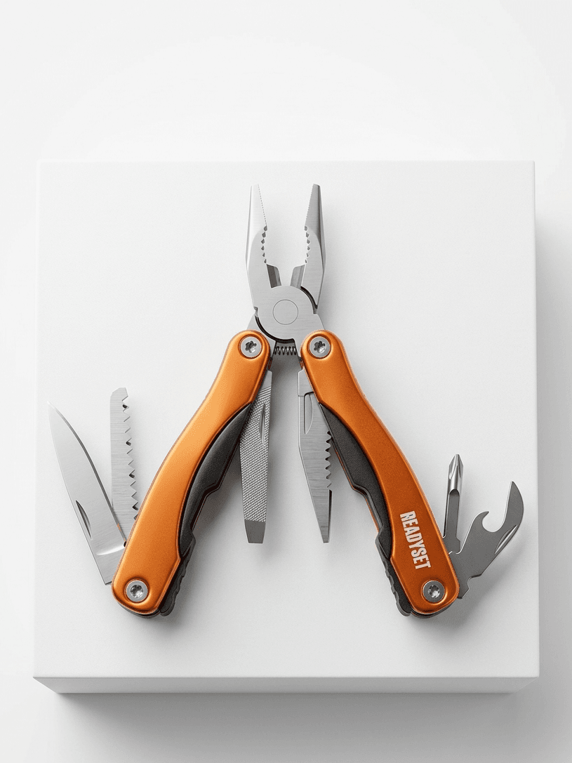 Multitool with orange handle on a white background