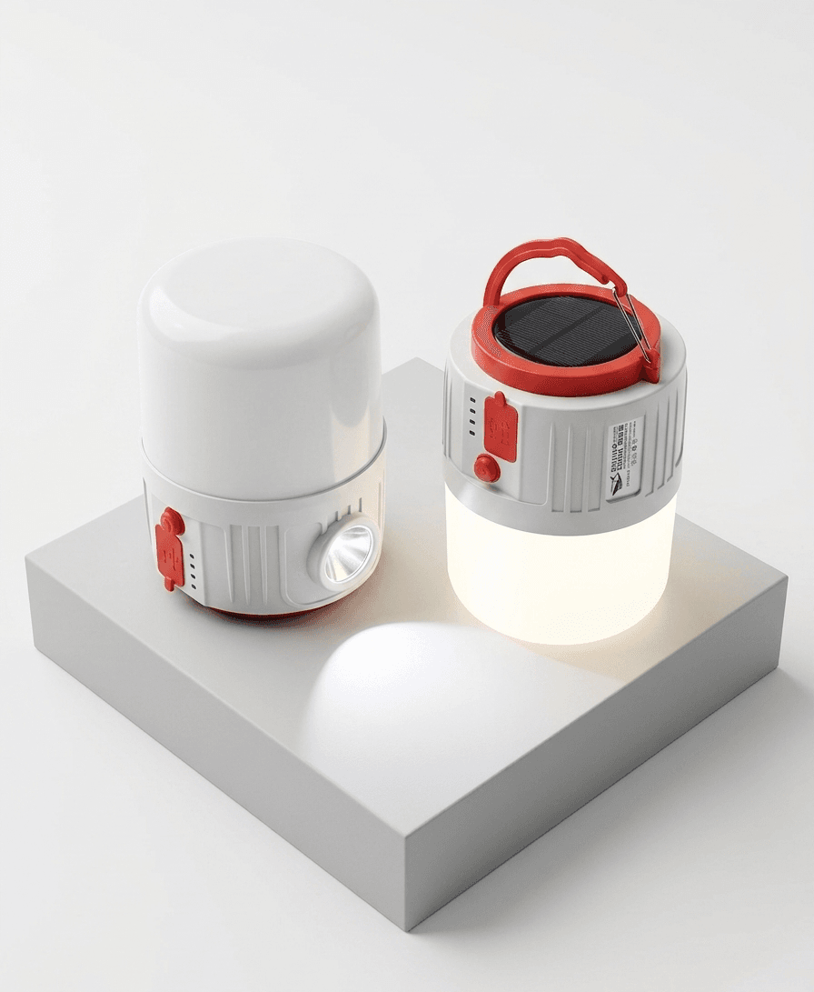 Two white and red portable lamps on a white platform with a white background