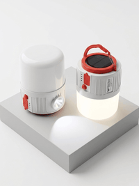 Two white and red portable lamps on a white platform with a white background