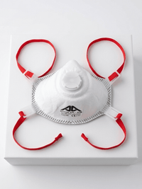N95 mask with red straps on a white background