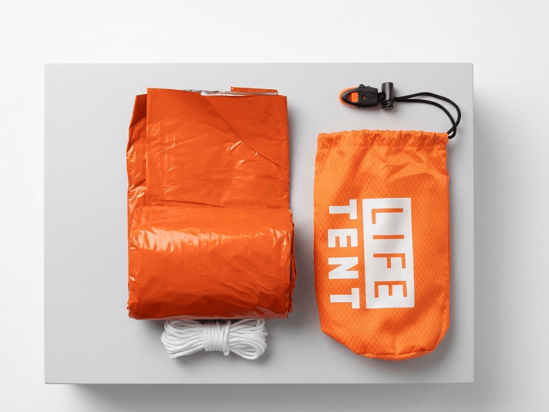 Orange life tent with packaging on a white background