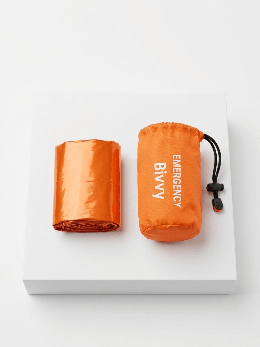 Orange emergency bivy sack with packaging on a white background