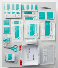 Collection of medical supplies including bandages, scissors, and a first aid kit on a white background.