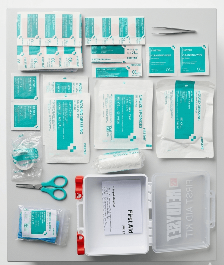 Collection of medical supplies including bandages, scissors, and a first aid kit on a white background.
