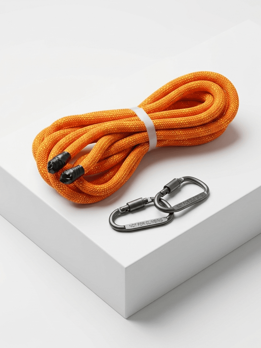 Orange utility rope with black carabiners — emergency kit component