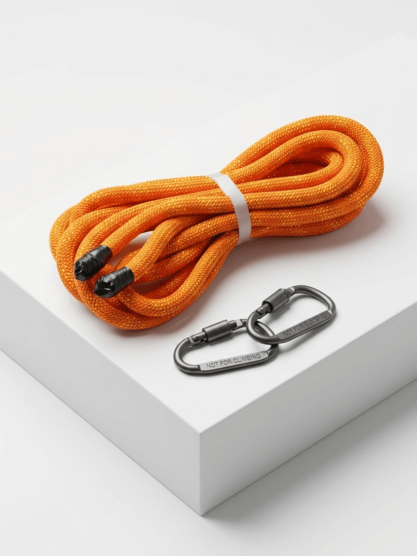 Orange rope with black carabiners on a white surface
