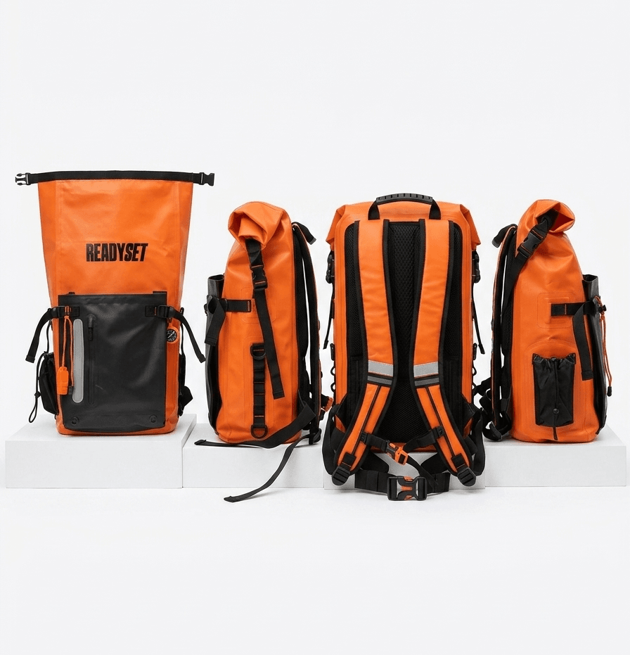 Set of orange backpacks with black accents on a white background