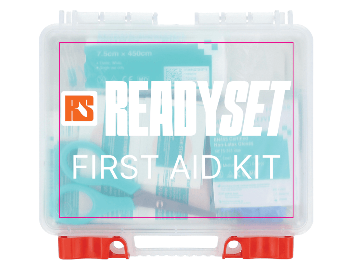 37-piece first aid kit contents laid out on a white background