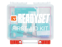 37-piece first aid kit contents laid out on a white background