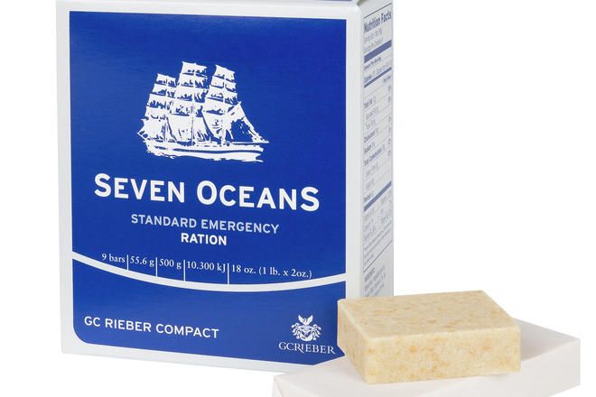 Seven Oceans emergency ration packaging with a bar of soap on a white background