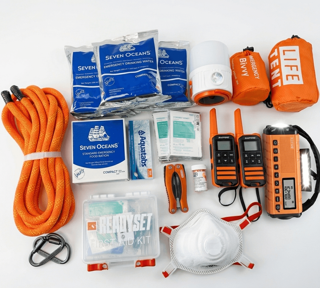 Collection of emergency supplies including a rope, water packets, a tent, radios, and medical kits on a white background.