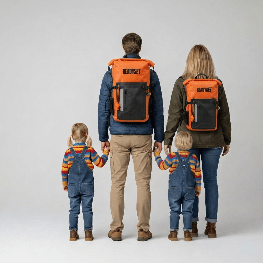 Family of four wearing orange and black backpacks with 'ReadySet' branding on a gray background.