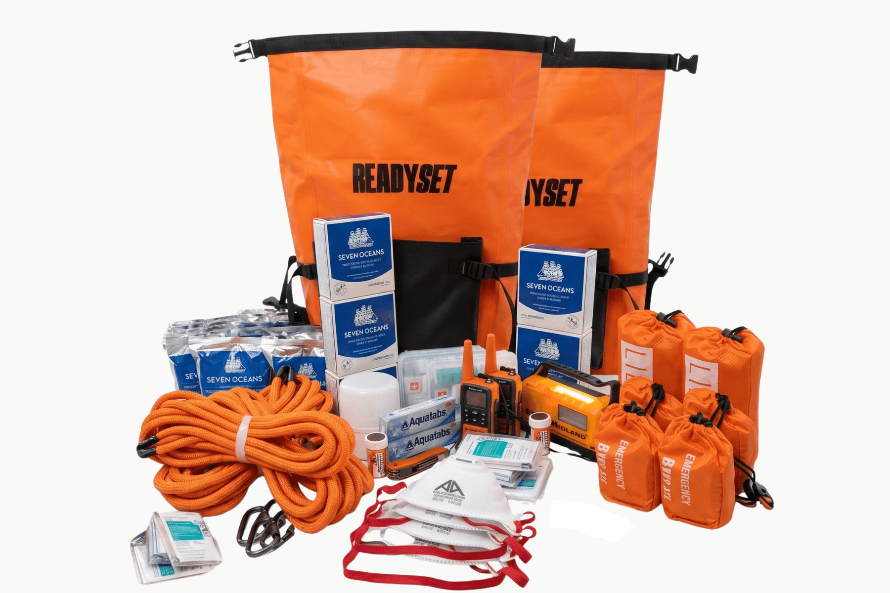 ReadySet Family Set 72-hour emergency kit contents laid out for four people