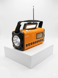 Orange and black portable radio with flashlight on a white platform