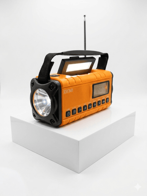 Orange and black portable radio with flashlight on a white platform
