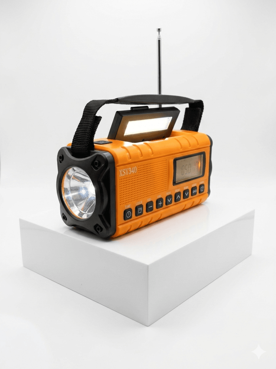 Orange and black portable radio with flashlight on a white platform