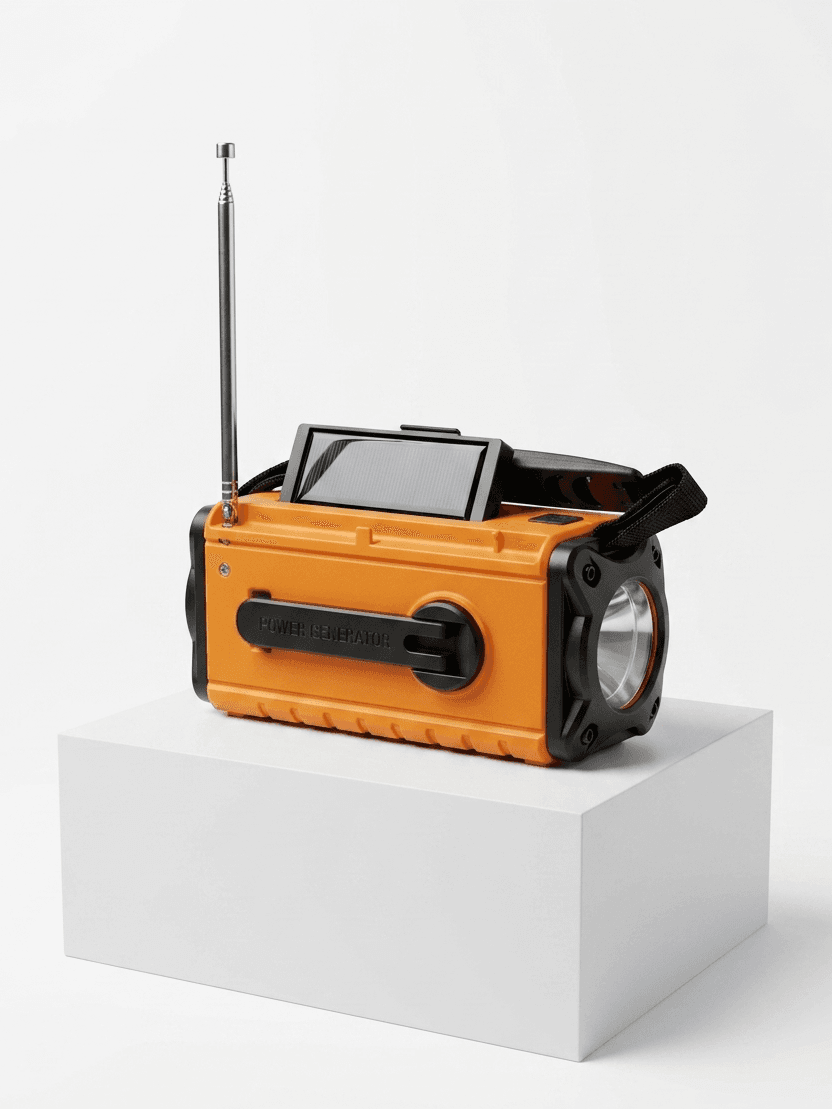 Orange solar hand-crank emergency radio, angled side view
