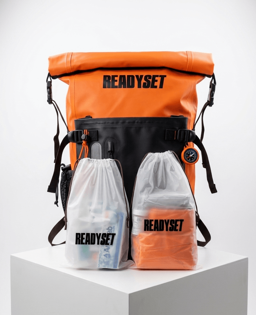 Orange and black backpack with 'READYSET' branding on a white background