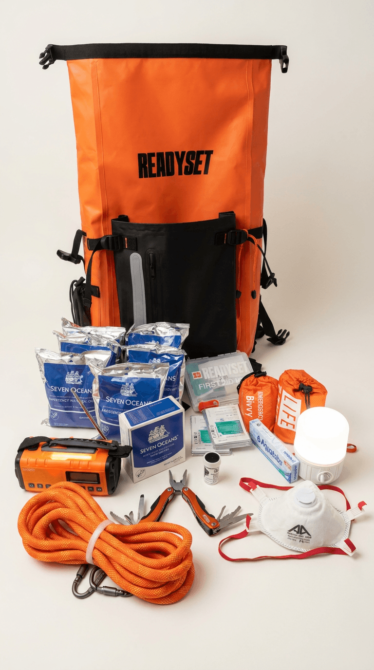 ReadySet Solo Set 72-hour emergency kit contents laid out