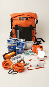 ReadySet Solo Set emergency kit backpack, packed and standing upright